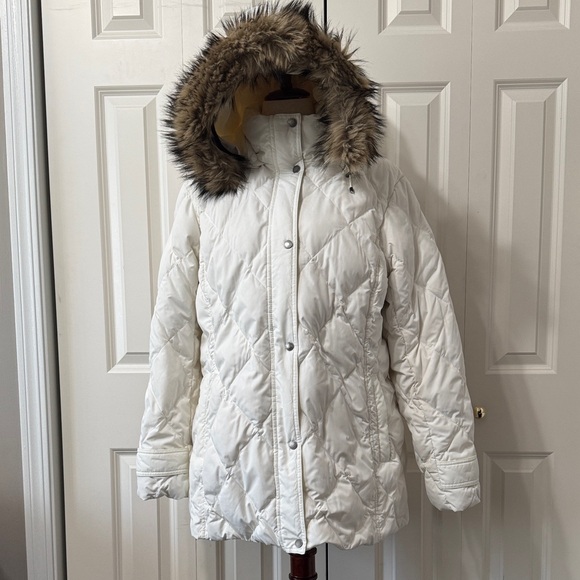 Lands' End Jackets & Blazers - Lands' End Off White Puffer Jacket with Faux Fur Hood